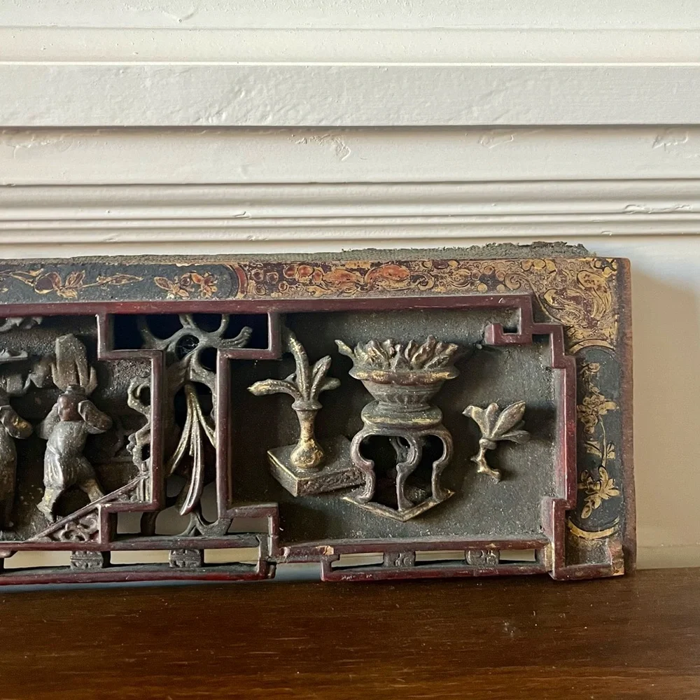 Antique Chinese Hand-Carved Wood Architectural Panel